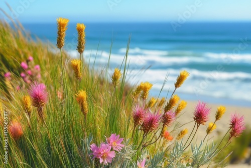 Coastal wildflowers bloom near ocean waves.