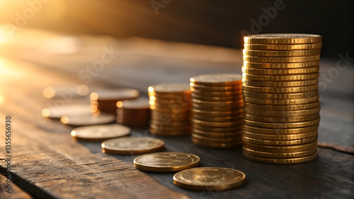 Stacks of Gold Coins in Warm Sunset Light