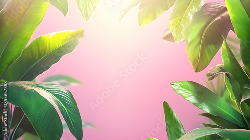 Vibrant pink background framed by tropical leaves.