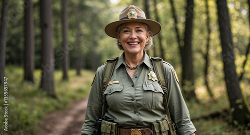 Smiling middle aged woman in park ranger attire walking forest trail environmental protection photography model