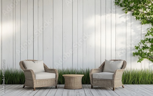 Outdoor wicker chairs and table on a white wooden patio with greenery