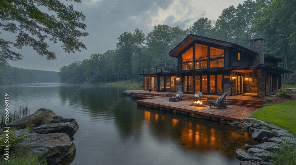 Lakeside cabin lit at dusk with fire pit on dock Lakeside cabin lit at dusk with fire pit on dock