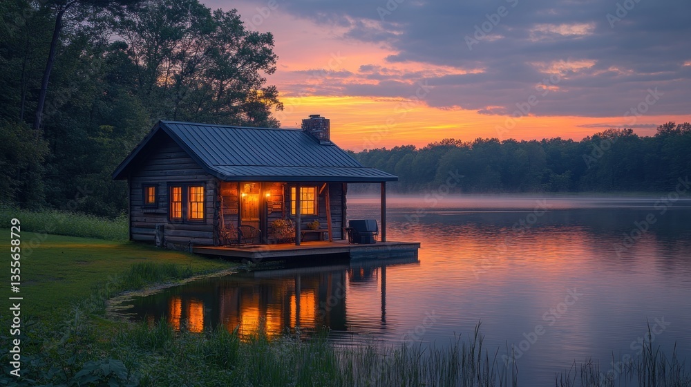 Fototapeta premium Lakeside cabin at sunset, warm light, tranquil lake, wooded shore