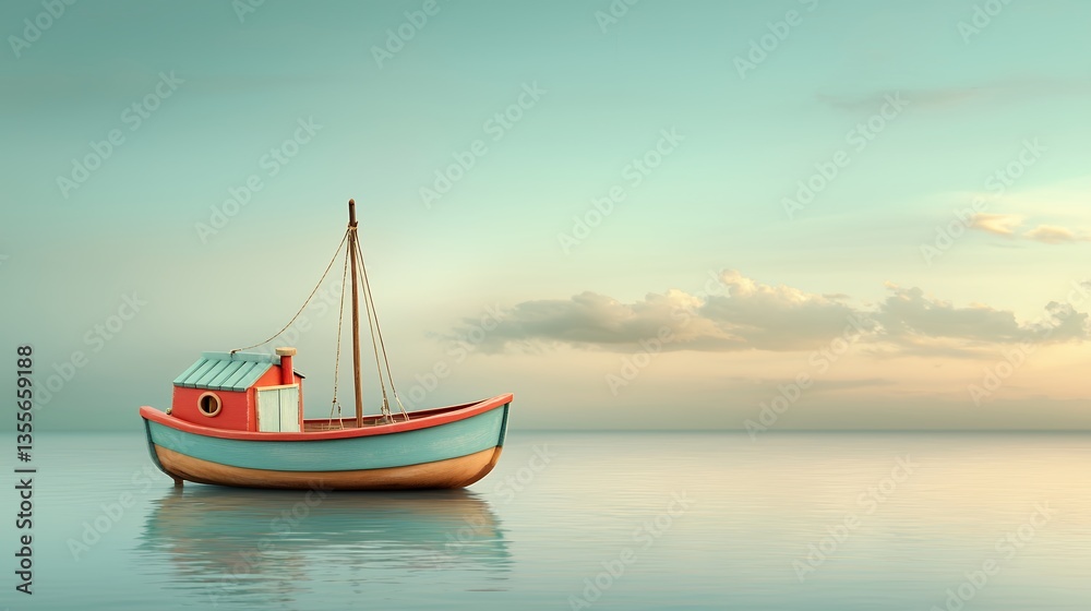 Toy Boat on Calm Sea at Sunset Toy Boat on Calm Sea at Sunset