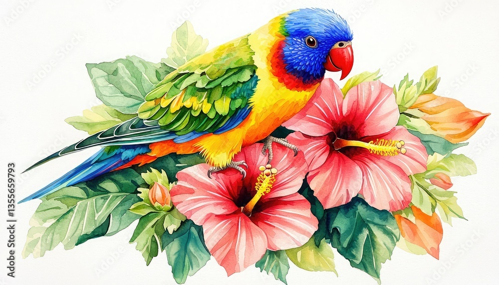 Fototapeta premium A vibrant parrot perched on colorful hibiscus flowers, showcasing its vivid plumage against lush green leaves in a detailed watercolor illustration.