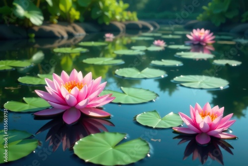Water lilies bloom across a serene lake surface, creating a floral pattern , summer, background, flowers