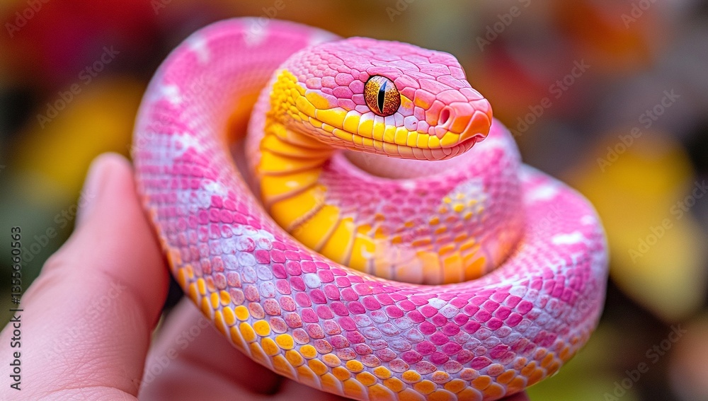 Fototapeta premium Vibrant pink and yellow snake coiled in a person's hand. A captivating close-up.