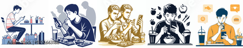 a group of young men vector playing smartphone while eating