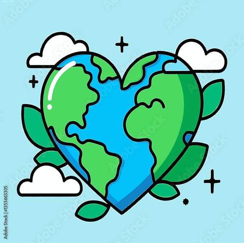 The Earth is shaped like a heart with leaves and clouds, showing care for the planet