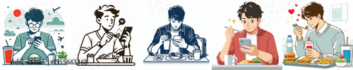 a group of young men vector playing smartphone while eating