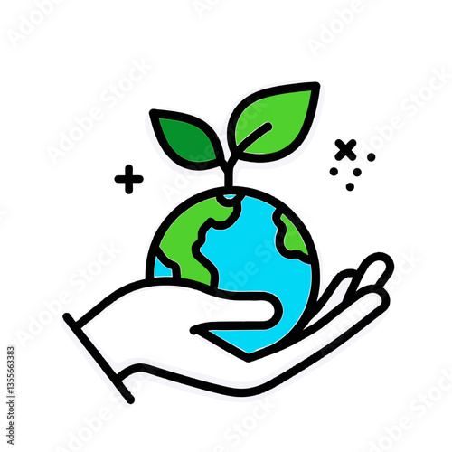 A hand holds the Earth with a small plant growing on top, symbolizing care for the environment.