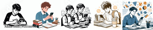 a group of young people vector playing smartphone while studying