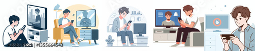 young man using smartphone in front of television
