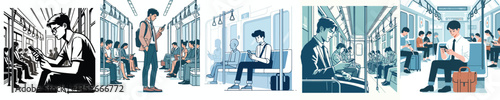 a group of young vectors are playing with smartphones in public transportation