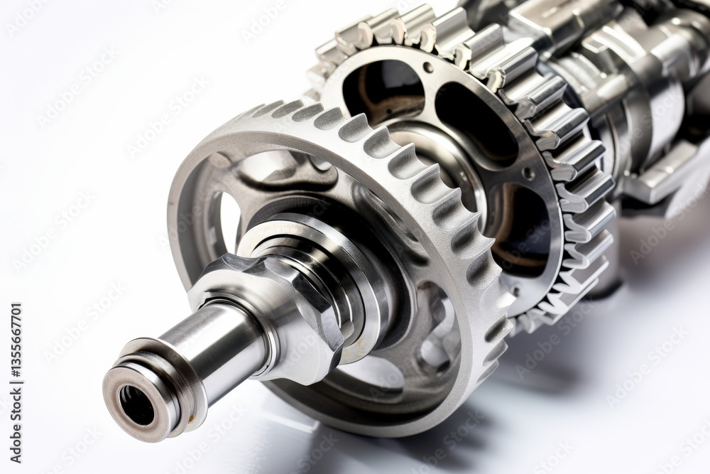 Engine Camshaft Detail Metal Gears on White Background. Precision and Engineering Engine Camshaft Detail Metal Gears on White Background. Precision and Engineering