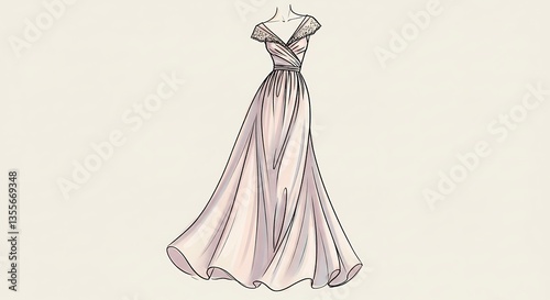 Elegant Dress Illustration with Detailed Lace Bodice and Flowing Skirt