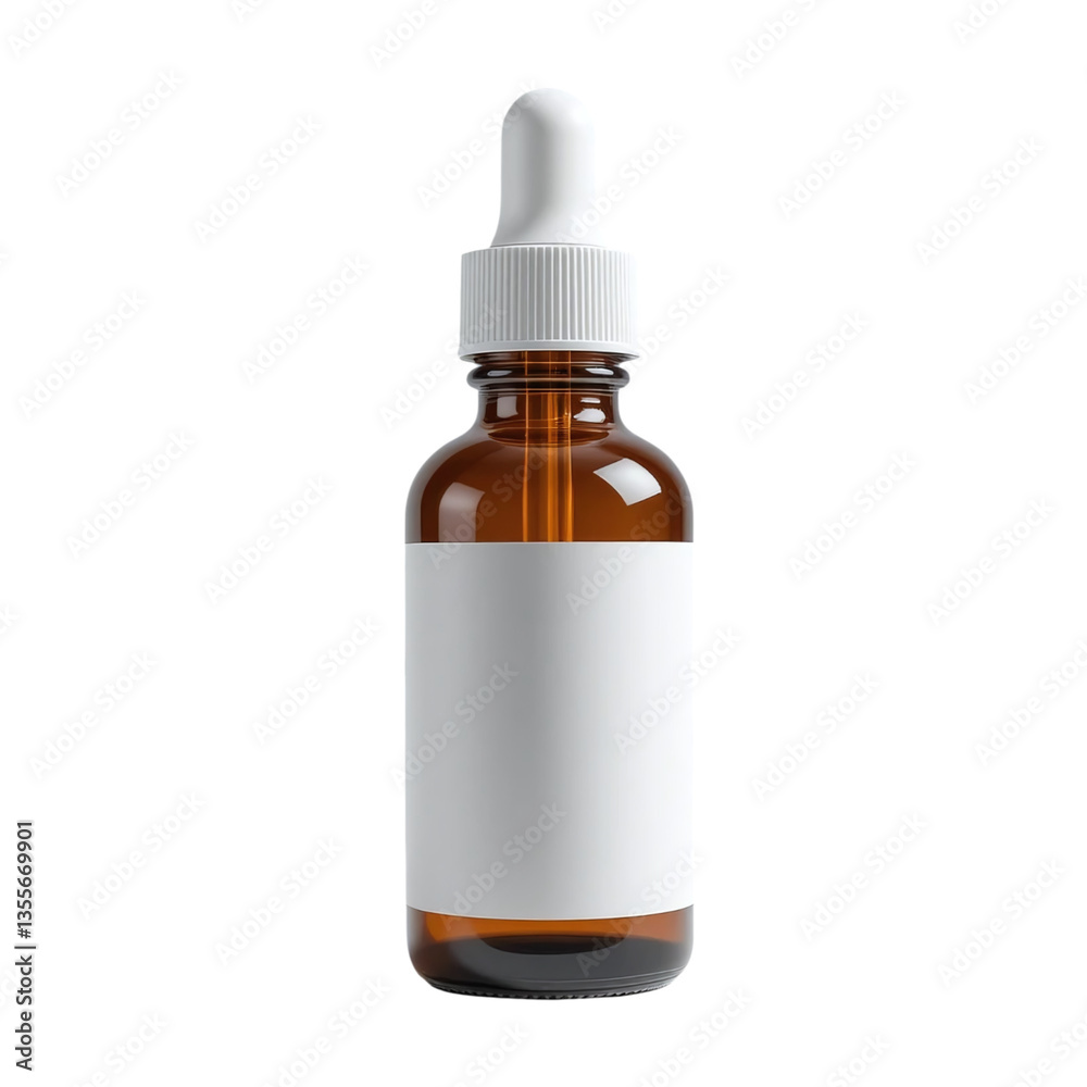 Fototapeta premium Brown glass dropper bottle with white label and pipette cap isolated on transparent background