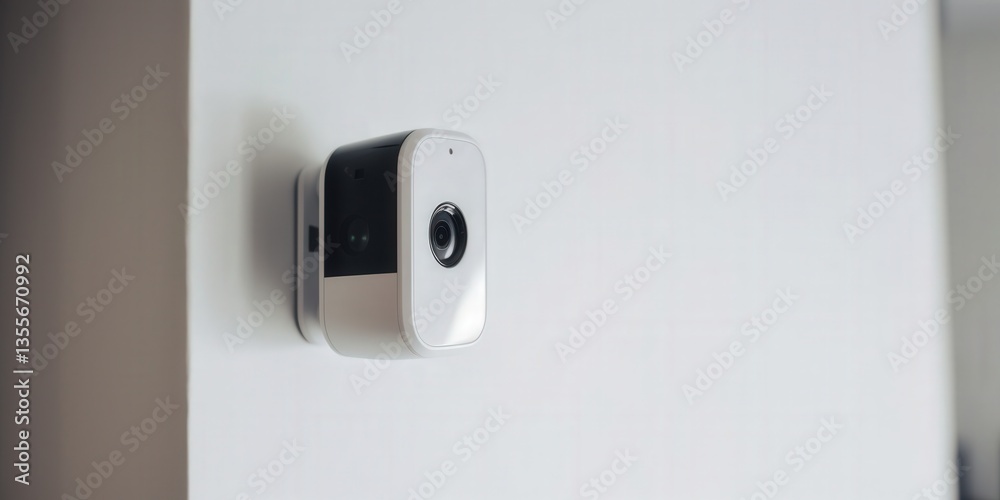 Security cam affixed on wall in home; close-up shot of device in plain setting Security cam affixed on wall in home; close-up shot of device in plain setting