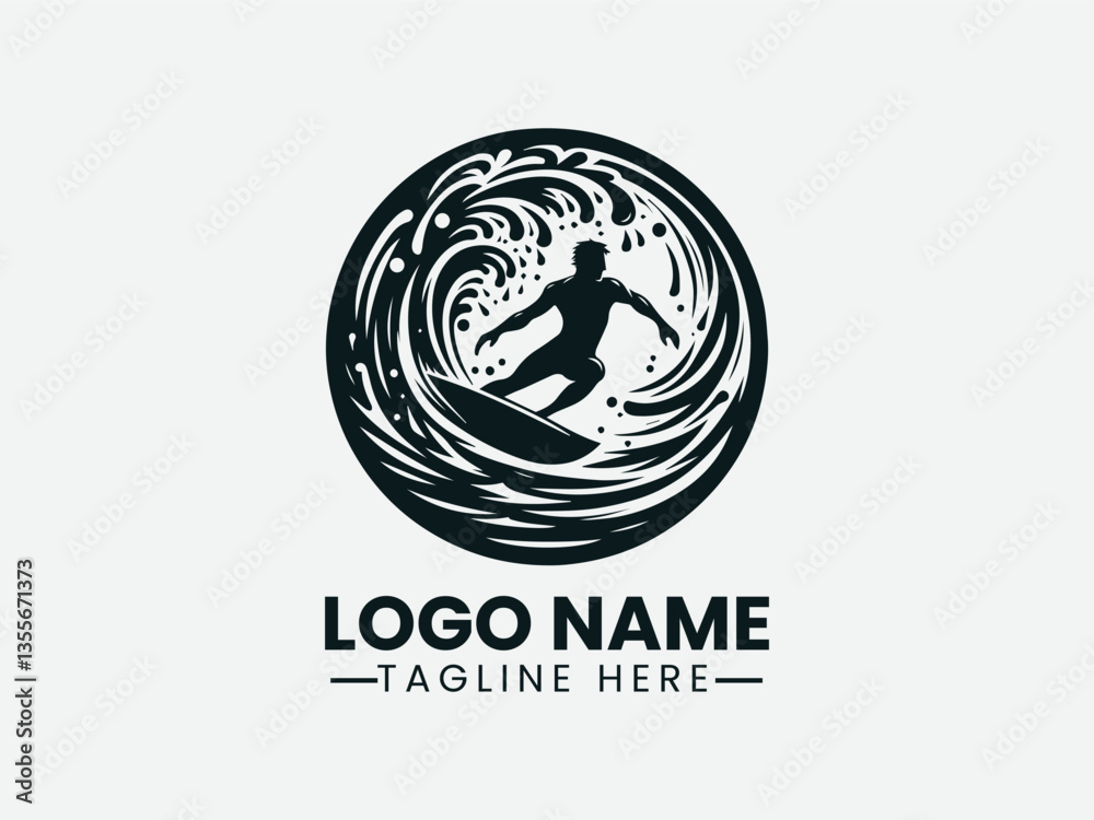 Surfer Silhouette Riding Wave Circular Splash Logo Design, Extreme Sport Surfer Wave Logo, Circular Wave Surfer Logo