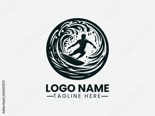 Surfer Silhouette Riding Wave Circular Splash Logo Design, Extreme Sport Surfer Wave Logo, Circular Wave Surfer Logo