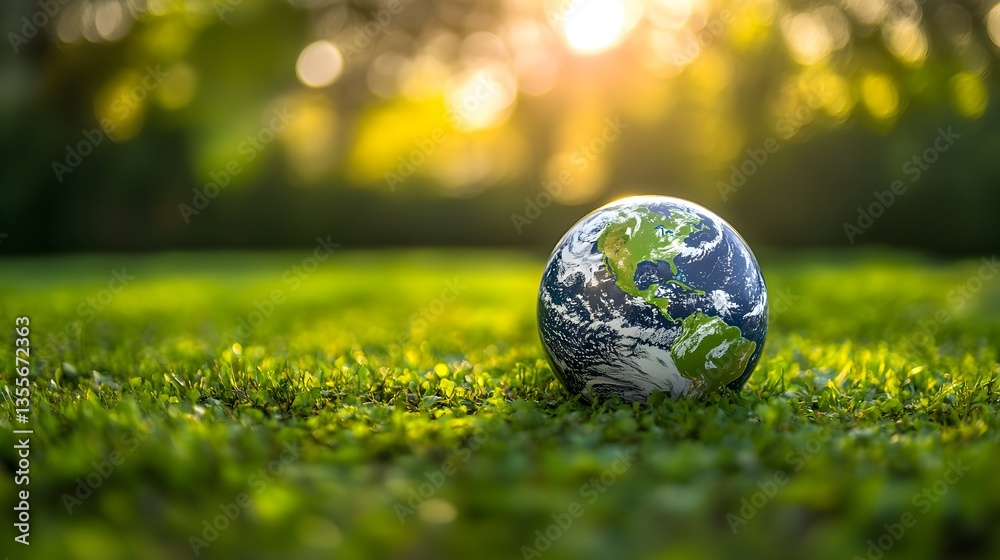 A small globe rests gently on vibrant green grass bathed in the warm glow of a setting sun in a tranquil park. A small globe rests gently on vibrant green grass bathed in the warm glow of a setting sun in a tranquil park.