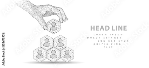 HR manage. Abstract 3d human hand hold leader icon in hexagon on top of people pyramid. Manage human resurse, team leader, recruitment process, change personnel