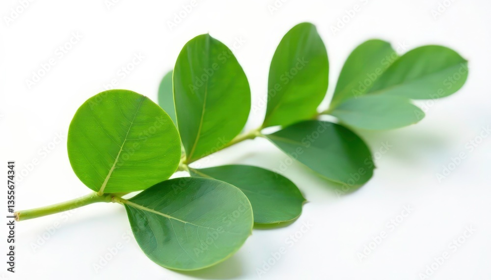 Fototapeta premium A single large eucalyptus leaf on a white background, fresh, pungent