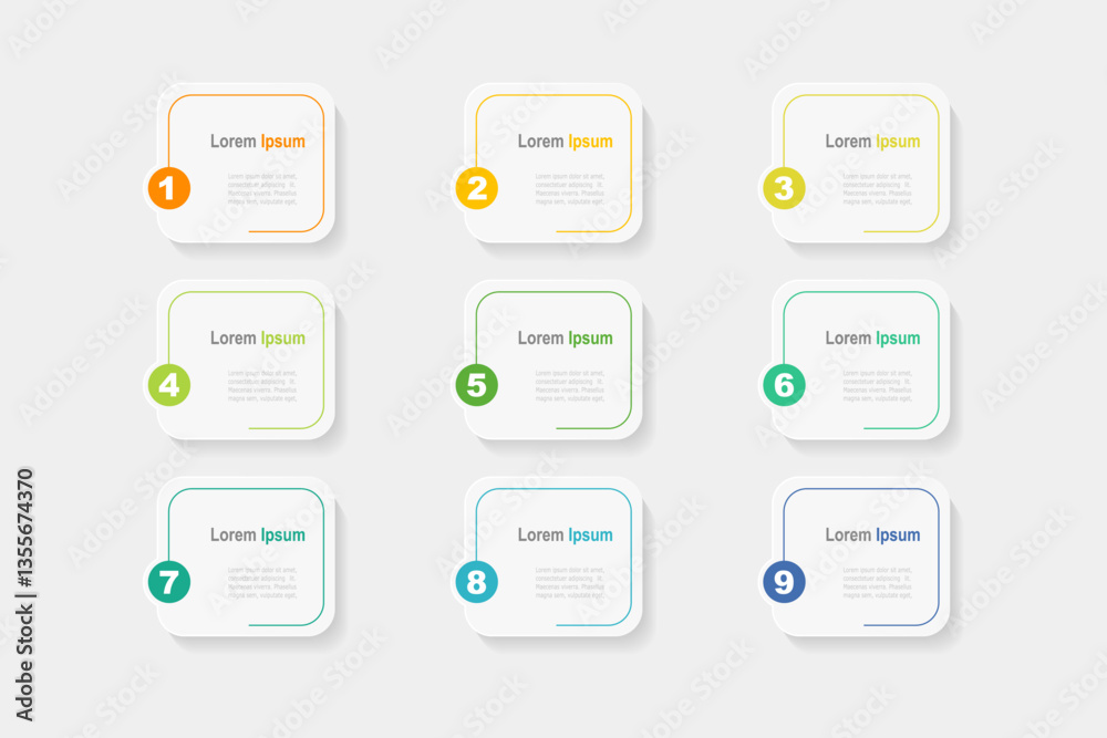 business concept with 9 steps infographics,  rectangle shape and multicolor label ,design for workflow layout, diagram, annual report, web design. vector