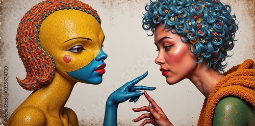 Colorful Artistic Portraits of Two Women with Unique Makeup and Hairstyles in a Creative Setting