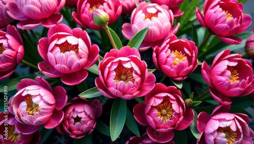 Fototapeta Naklejka Na Ścianę i Meble -  Bold blooming peonies densely arranged in a vibrant, saturated repeat , bold, saturated, peonies