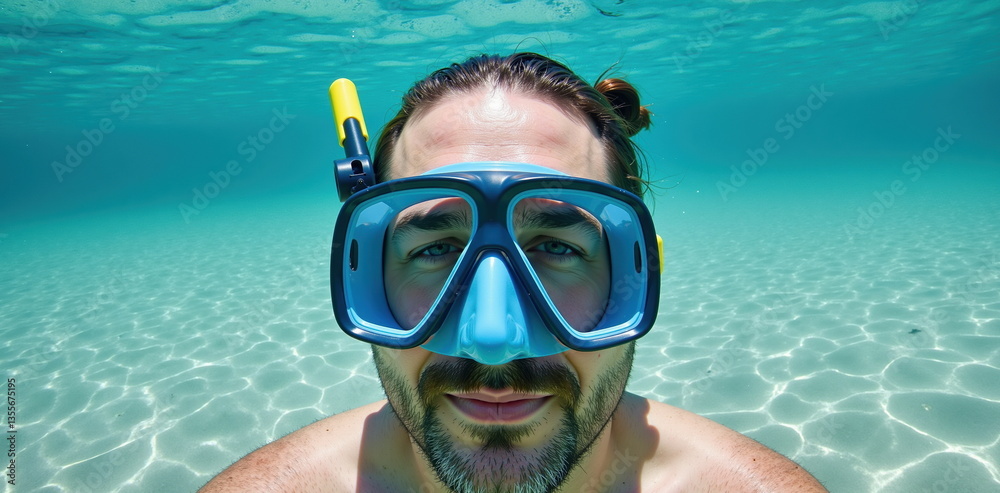 Naklejka premium Man Snorkeling Underwater with Blue Mask and Snorkel in Crystal Clear Ocean Water