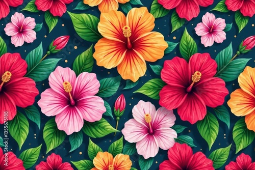 Bold, graphic hibiscus blooms create a vibrant, summery repeat , bold, yellow