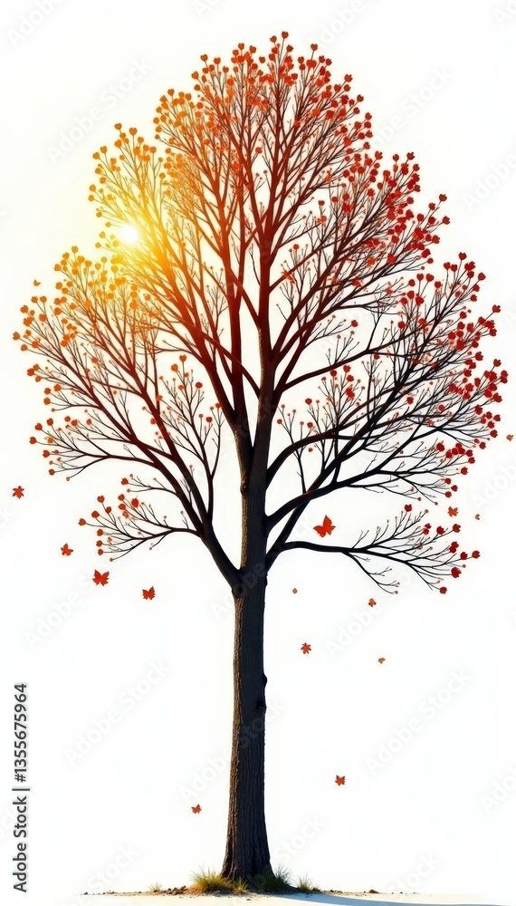 Obraz premium Branches of bare trees isolated on white background with sunlight filtering through leaves, tree, branches