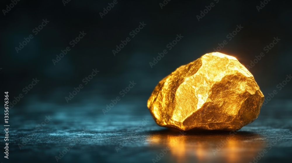 Naklejka premium A glowing golden rock sits on a dark surface, highlighting its texture and shine against a blurred background.