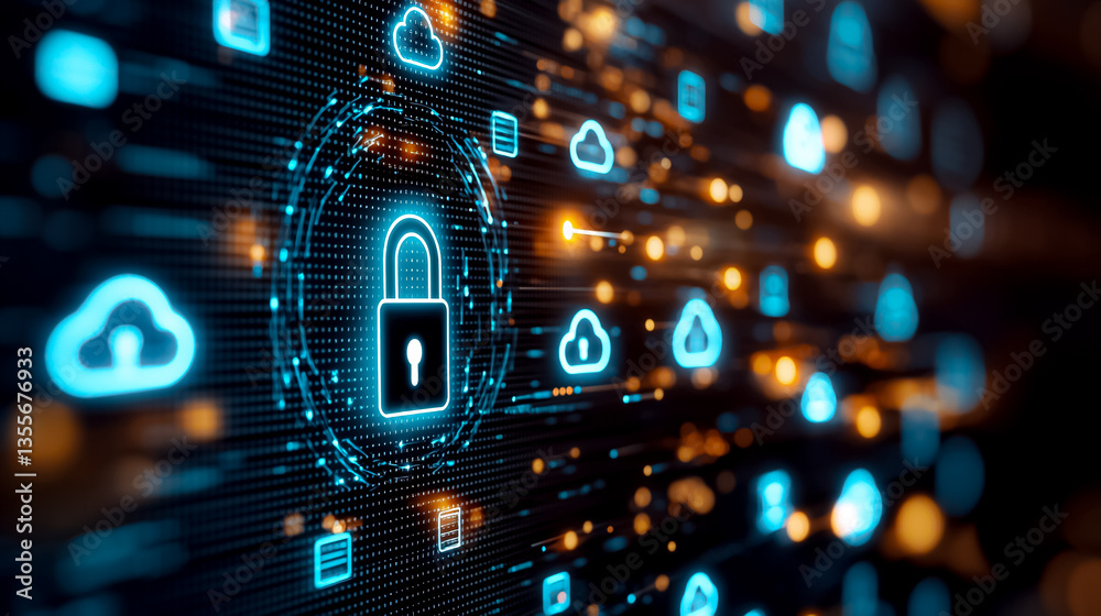 Obraz premium Digital Illustration of a Secure Data Network Featuring Glowing Padlock and Cloud Icons