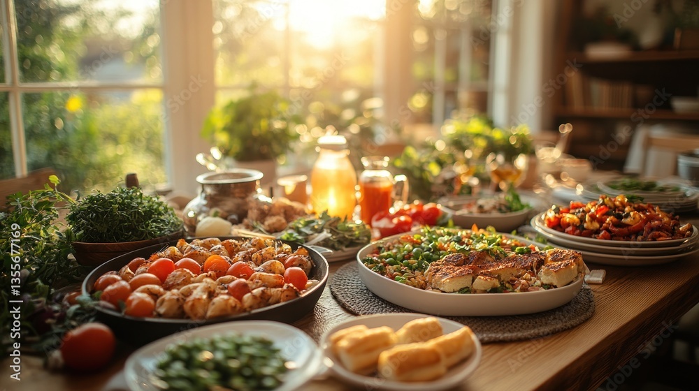 Fototapeta premium Home cooked meal on table at sunset by window