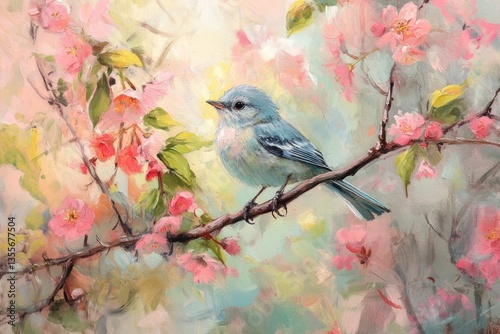 Pastel bluebird on blossoming pink spring tree photo
