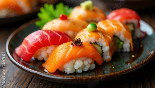 Colorful sushi platter, soy sauce, wasabi, ginger , vibrant, asian food, platter