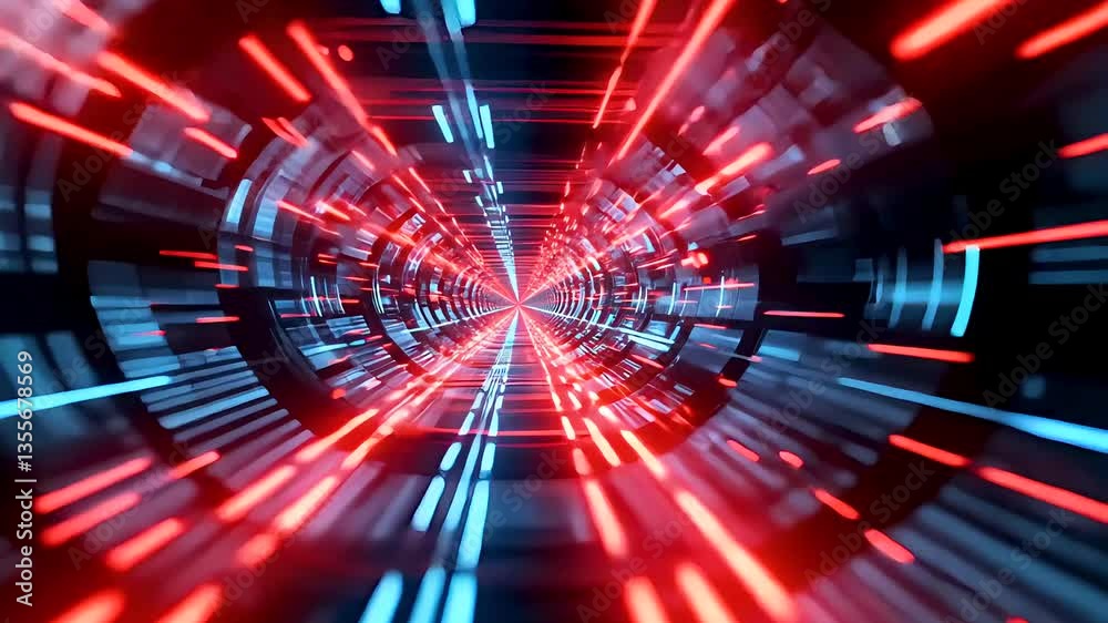 Abstract tunnel with red and blue beams creating high-speed digital illusion
