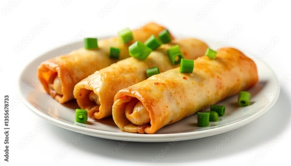 Crispy spring rolls, garnished with scallions, isolated, chinese food, rolls Crispy spring rolls, garnished with scallions, isolated, chinese food, rolls