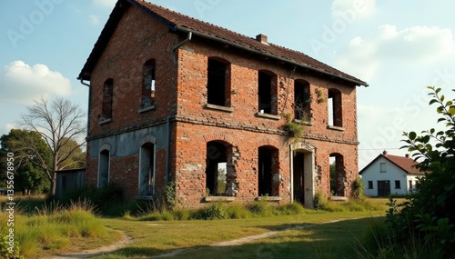 Decaying building with uneven brickwork showing delayed regularity , photography, grungy