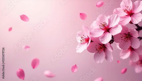Delicate pink sakura blossoms, scattered petals on a soft background, japanese, cherry blossom