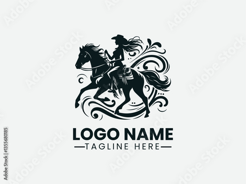 Cowgirl Silhouette Riding Horse Logo Design, Western Cowgirl Logo