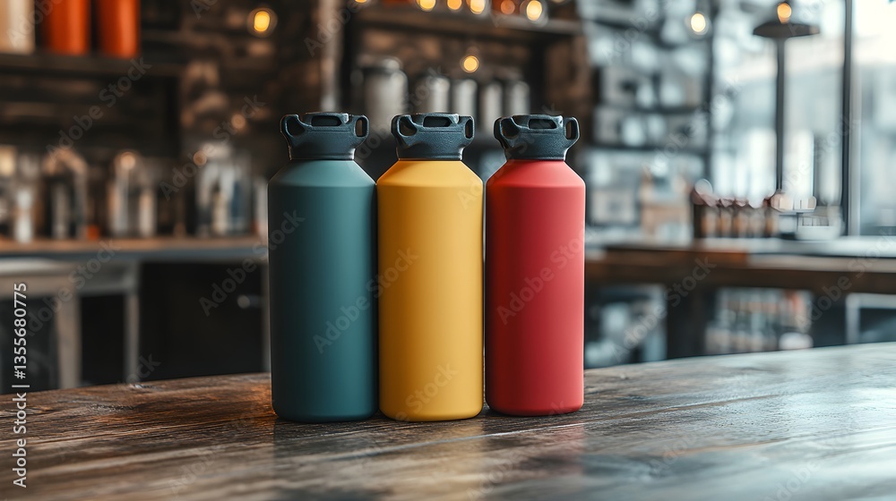 Three colorful metal water bottles sit on a rustic wooden bar top in a dimly lit cafe setting. Three colorful metal water bottles sit on a rustic wooden bar top in a dimly lit cafe setting.