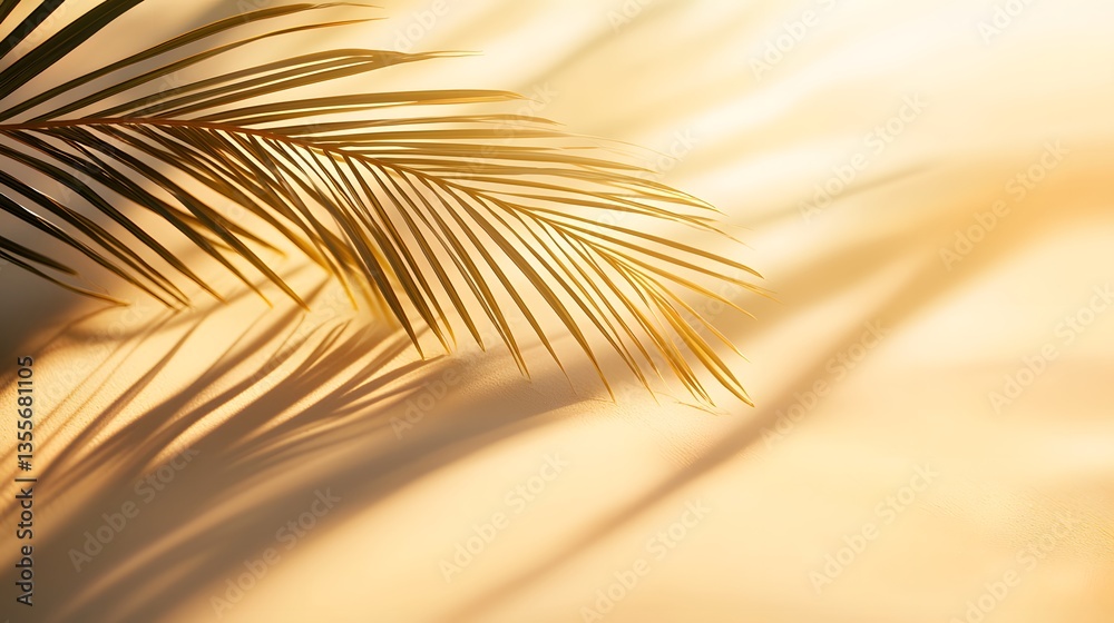Obraz premium Golden Palm Leaf Shadows on Beige Background Summer Tropical Sunlight Minimalist Nature