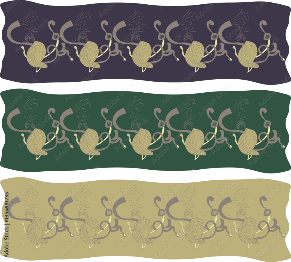 On the purple, yellow, green ribbon forms there is a mystical unusual pattern .
