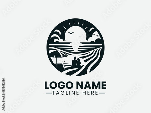 couple watching sunset on beach within arched frame. Romantic getaway logo