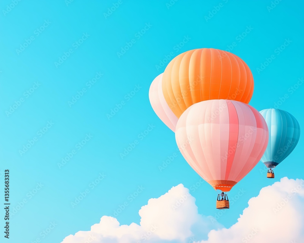 Naklejka premium Three vibrant hot air balloons ascend against a clear blue sky dotted with fluffy white clouds, evoking a sense of adventure and freedom.