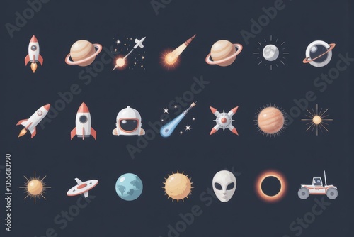 Space Icons Vector Set: Rocket, Planets, Stars, Astronaut, Alien. Space Exploration and Astronomy Elements Pack