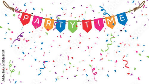 Party time banner with confetti. Colorful party pennants.  Celebration with party decorations.. Festive party banne